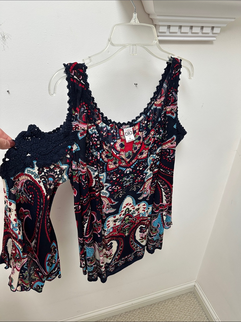 Bila Navy Paisley Cold-Shoulder Camisole with Crochet Trim